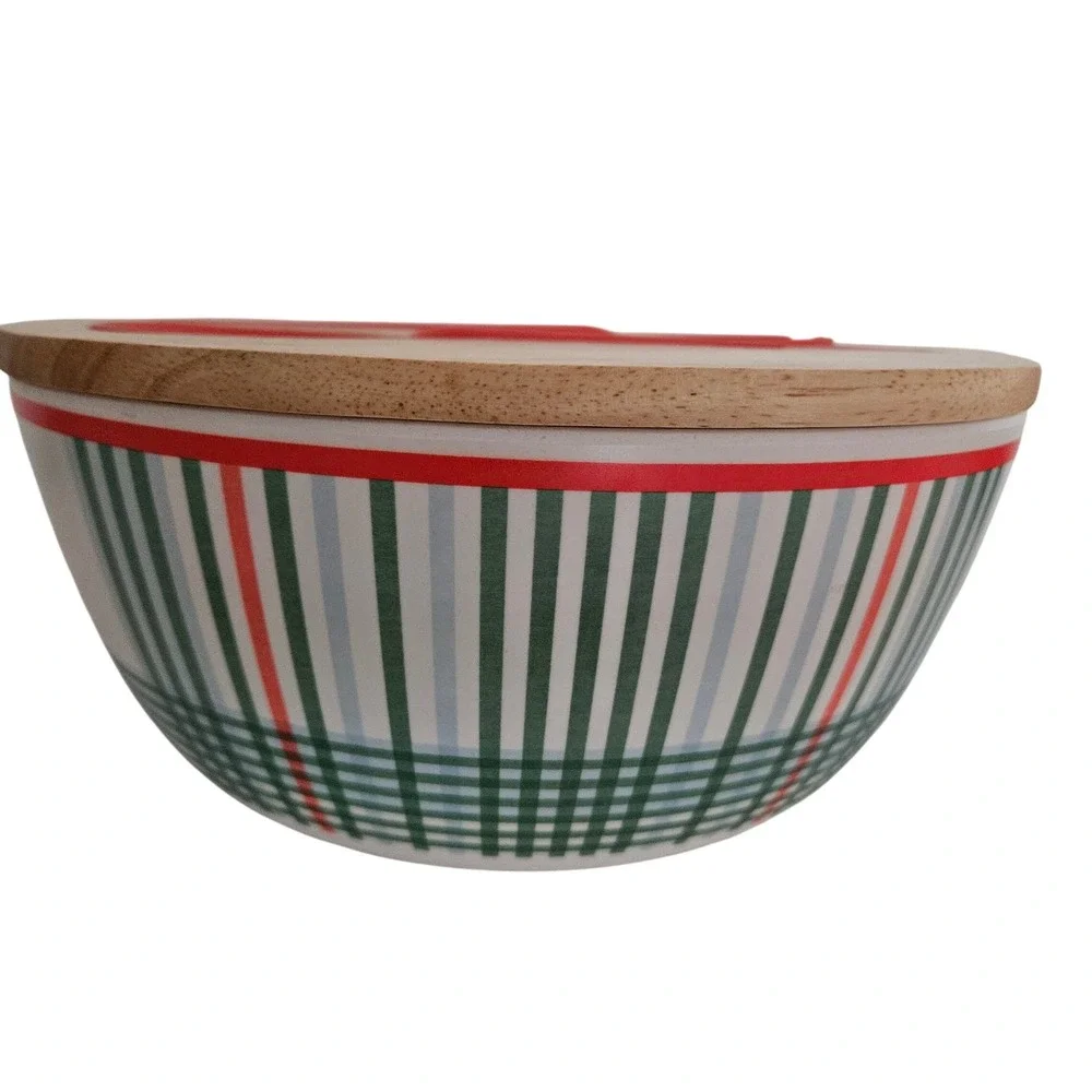 Hearth & Hand Magnolia Plaid Salad Serving Bowl Wood Lid Utensils Red Green